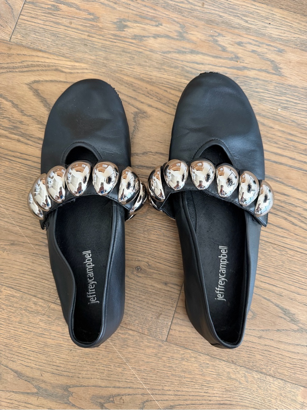 Jeffrey Campbell Black Leather Mary Jane Flats with Silver Bead Trim